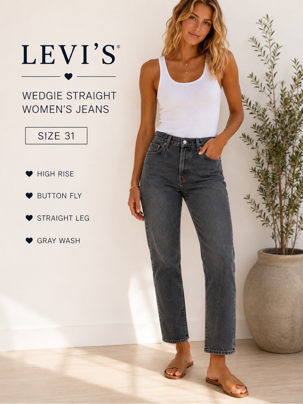 Levi’s Wedgie Straight Jeans Gray High Rise Button Fly 31